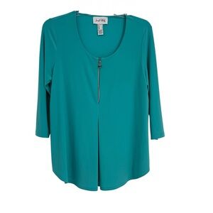 Joseph Ribkoff Green 3/4 Sleeve Zip Neck Top Women's Size 8 Stretch Rounded Hem